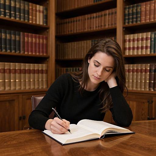 Photograph of a focused brunette woman in a black sweater, writing in an open book at a wooden library table. Shelves of bound books fill the
