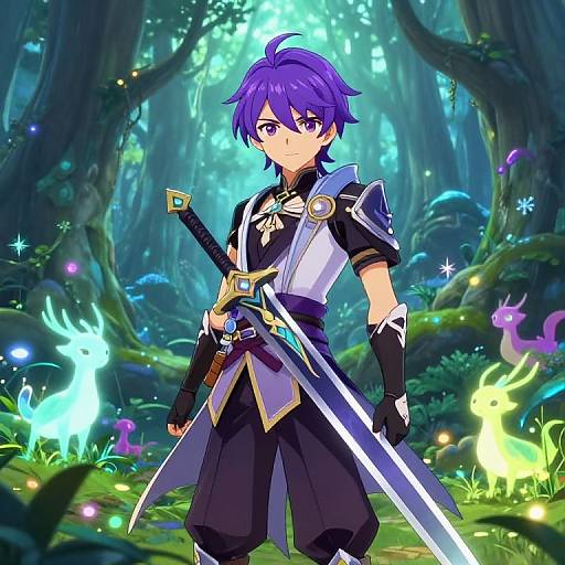 Anime-style digital artwork of a purple-haired, blue-eyed young male warrior with a sword, standing in a glowing, enchanted forest.