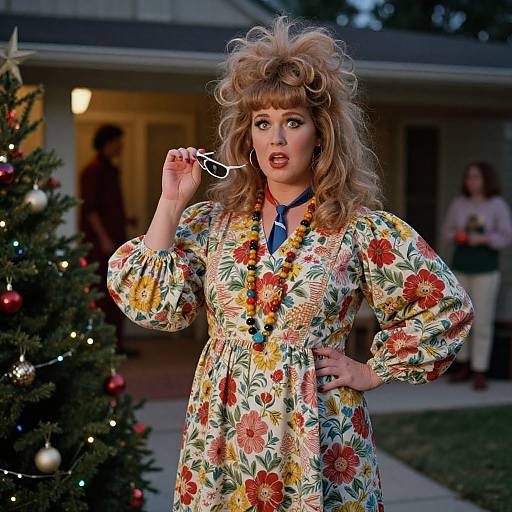 Photograph of a blonde woman with voluminous, 1980s-style hair, wearing a floral dress, holding a fork, standing in front of