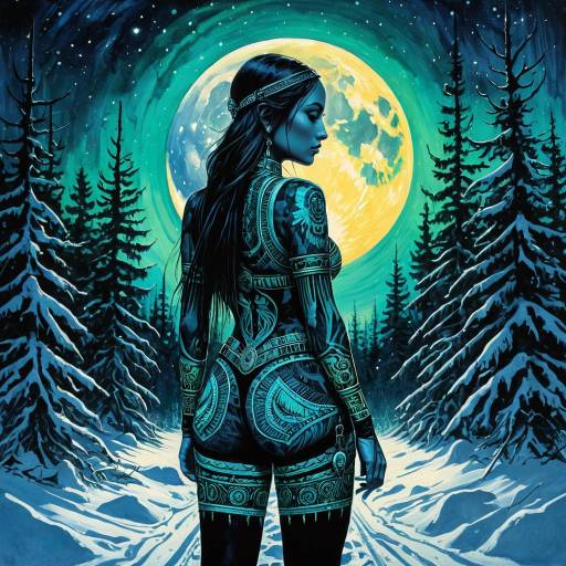 Tattooed Indigenous Woman in Snowy Forest with Full Moon