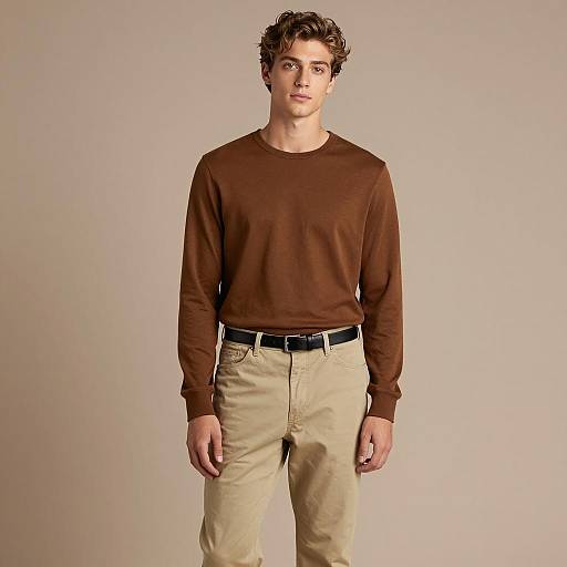 Young Man in Brown Long-Sleeve Shirt and Beige Pants