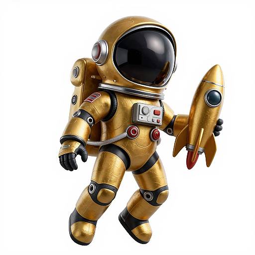 Digital illustration of a gold-colored astronaut with a black helmet, holding a gold rocket, wearing a detailed spacesuit with buttons and patches, set against a