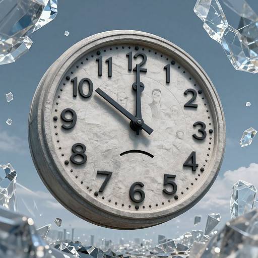 Photograph of a silver clock with black numbers and hands, surrounded by shattered glass, against a clear blue sky background.