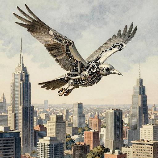 Mechanical Bird Over Futuristic Skyline