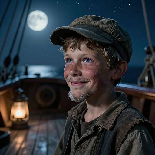 Photograph of a young blond boy with a beard, wearing a green cap and brown shirt, smiling under a full moon on a wooden ship deck at