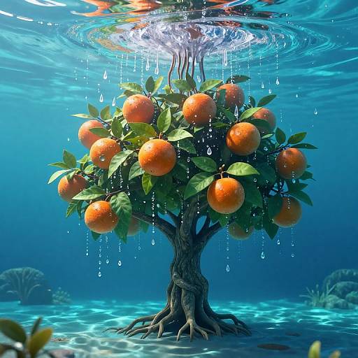 Digital artwork of a vibrant orange tree with ripe oranges underwater, water droplets cascading, surrounded by blue aquatic scenery.