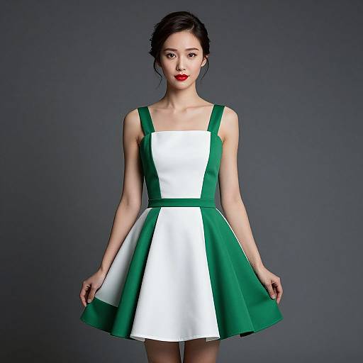 Photograph of a fair-skinned woman with dark hair, wearing a green and white, sleeveless, A-line dress, against a dark gray background