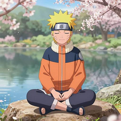 Digital anime drawing of Naruto, sitting cross-legged on a rock by a serene pond, with cherry blossoms in the background, meditating peacefully.