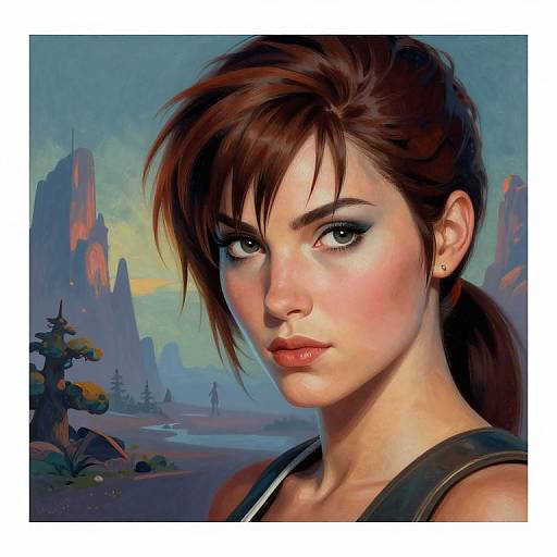 Digital painting of a determined, fair-skinned woman with brown hair, green eyes, and red lips, set against a futuristic, rocky landscape.