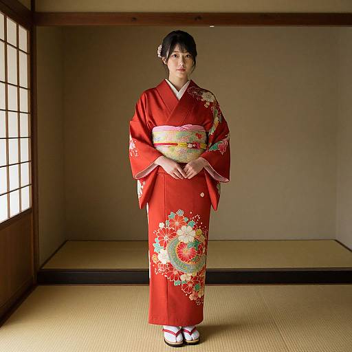 Woman in Red Kimono Indoors