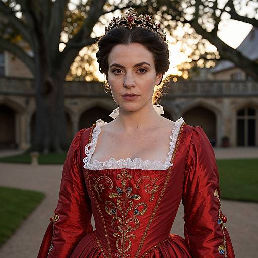 Photograph of a fair-skinned woman with dark hair in an elaborate red Renaissance-style gown with white lace, wearing a tiara, standing in a