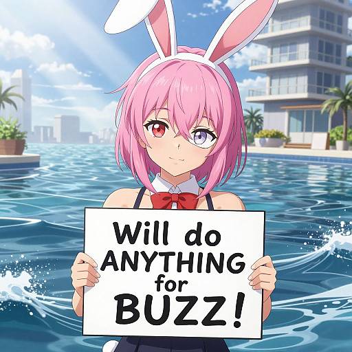 Anime-style digital drawing of a pink-haired girl with bunny ears, heterochromatic eyes, holding a sign reading 
