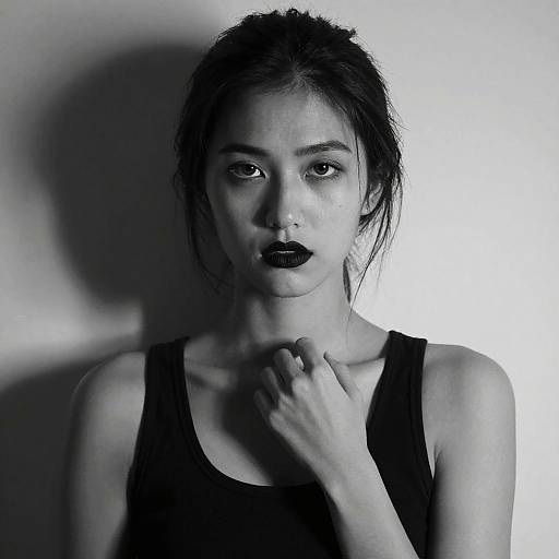 Black-and-white photograph of an Asian woman with dark lipstick, messy hair, black tank top, hand near neck, shadowed background.