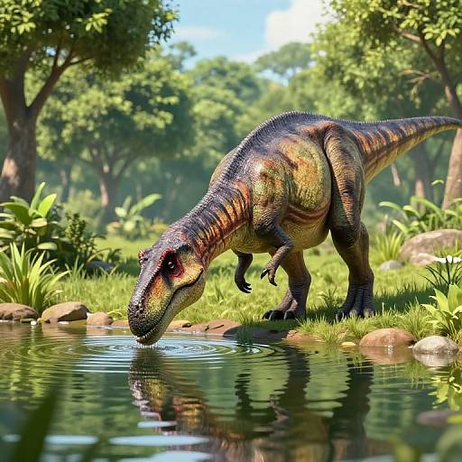 Digital CGI of a colorful, scaly dinosaur with orange, green, and black stripes, drinking from a reflective pond in a lush, sunlit forest