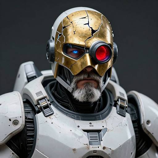 CGI image of an older man with a white beard and gold, cracked, cybernetic helmet with red and blue eye lenses, wearing white,