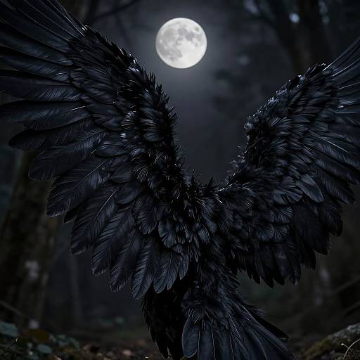 Digital artwork of a dark, feathered angelic wing spread against a moonlit forest. The full moon shines brightly in the night sky, illuminating