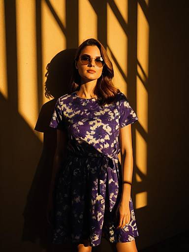 Woman in Purple Tie-Dye Dress with Sunglasses
