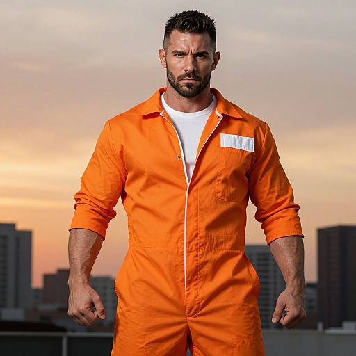Photograph of a muscular, bearded man in an orange prison jumpsuit with a white shirt underneath, standing against a sunset city skyline.