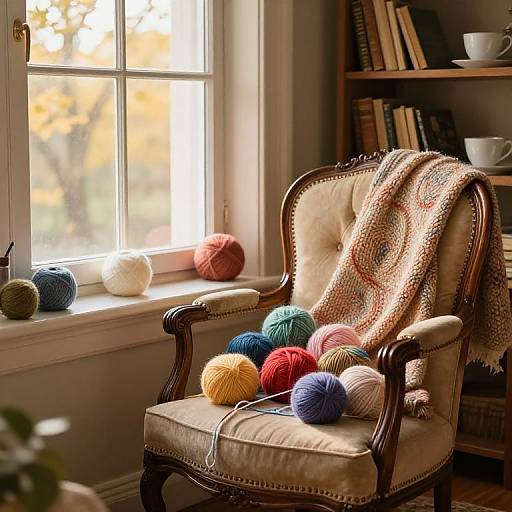 Cozy photograph of a vintage armchair with colorful yarn balls, draped blanket, and sunlight streaming through a window. Bookshelf and cups in background.