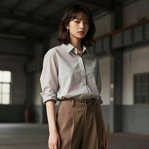 Digital artwork of an Asian woman with shoulder-length black hair, wearing a white button-up shirt and brown high-waisted pants, standing in a dim