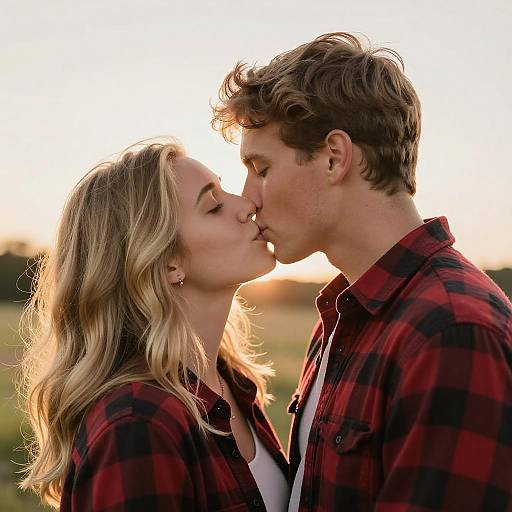 Romantic Sunset Kiss of Young Couple