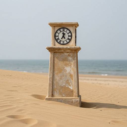 Photograph of a weathered, beige clock tower with a black face, standing alone on a sandy beach with a calm ocean and clear sky in the