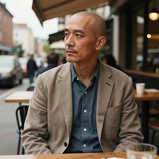Middle-aged man with shaved head in city cafe