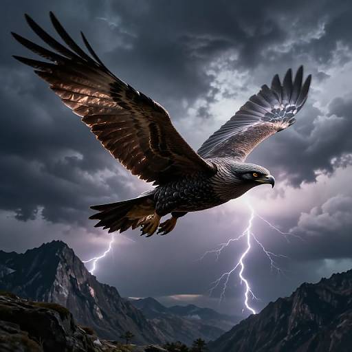 Photorealistic digital artwork of a majestic eagle with dark feathers soaring above stormy mountains, with vivid lightning illuminating the dramatic, cloudy sky.