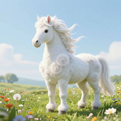 Photorealistic CGI of a fluffy white unicorn with a flowing mane, standing in a bright, sunny meadow filled with colorful wildflowers.