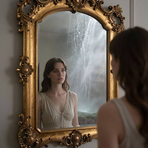 Photograph of a young woman with wavy brown hair, wearing a white lace dress, gazing at herself in an ornate, gold-framed
