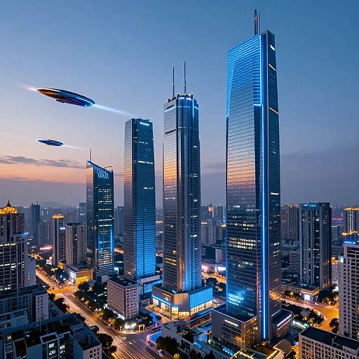 Photograph of a futuristic cityscape at dusk, featuring three illuminated skyscrapers with blue neon lights, and two flying saucers in the sky