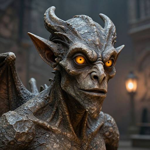 Photorealistic CGI of a menacing, gray-scaled dragon with glowing orange eyes, textured scales, and prominent horns, set against a dimly lit