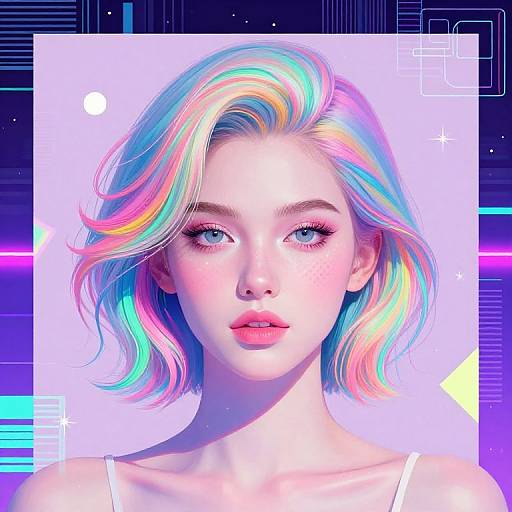 Digital artwork of a fair-skinned woman with vibrant, multi-colored, wavy hair, blue eyes, and pink lips, set against a neon-l