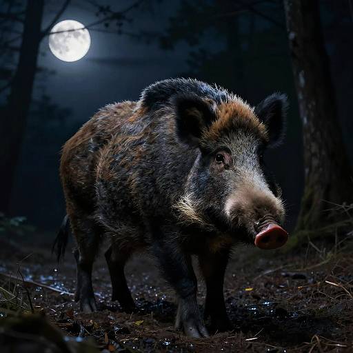 Wild Boar Night Forest Portrait