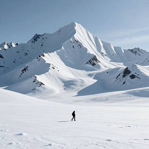 Photograph of a solitary skier in black standing on a vast, snow-covered mountain landscape, with towering, sunlit peaks in the background under a