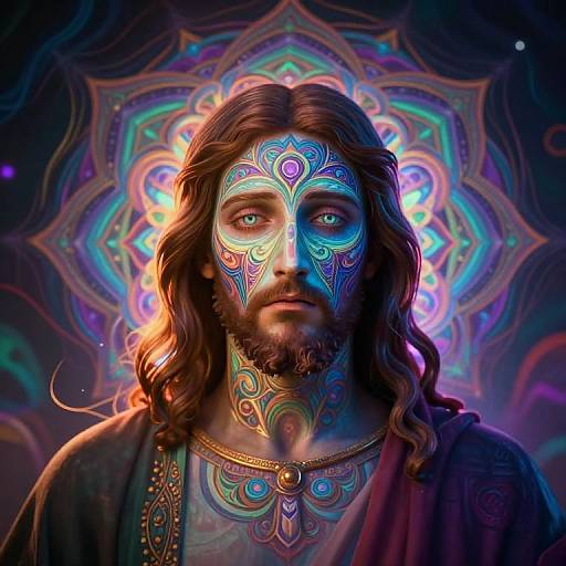 Digital artwork of a bearded, long-haired man with vibrant, neon-colored tribal face paint, glowing mandala background, and ornate jewelry.
