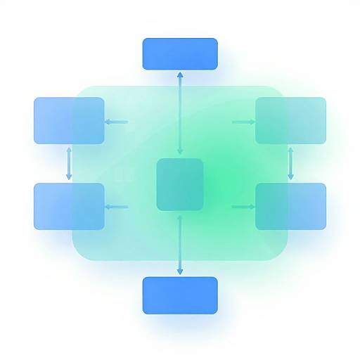 Digital diagram of a blue and green flowchart with five rectangular boxes connected by arrows in a circular pattern.