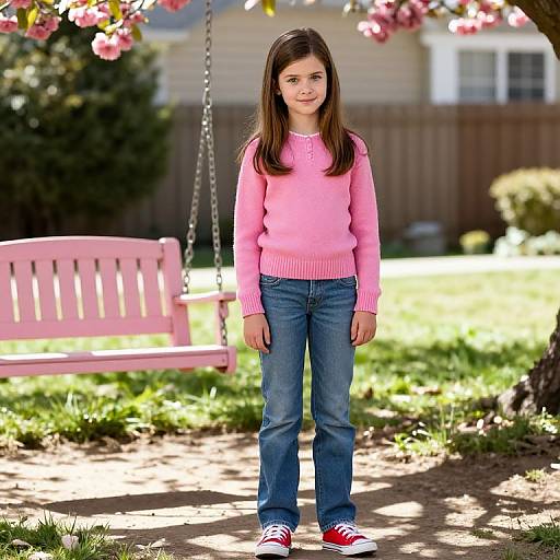 Photograph of a young girl with long brown hair, wearing a pink sweater, blue jeans, and red sneakers, standing in a sunlit backyard with