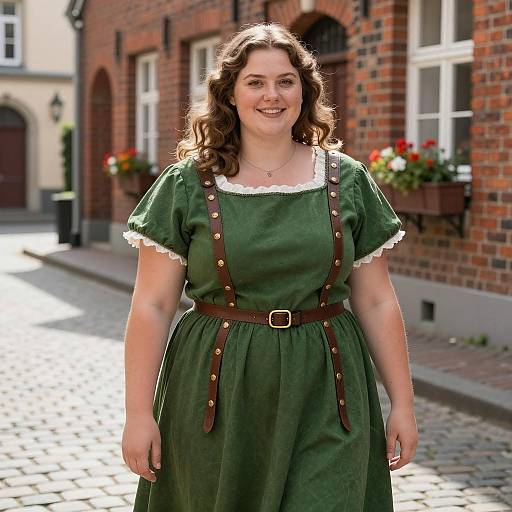 Plus Size Woman in Medieval Green Dress on Cobblestone Street