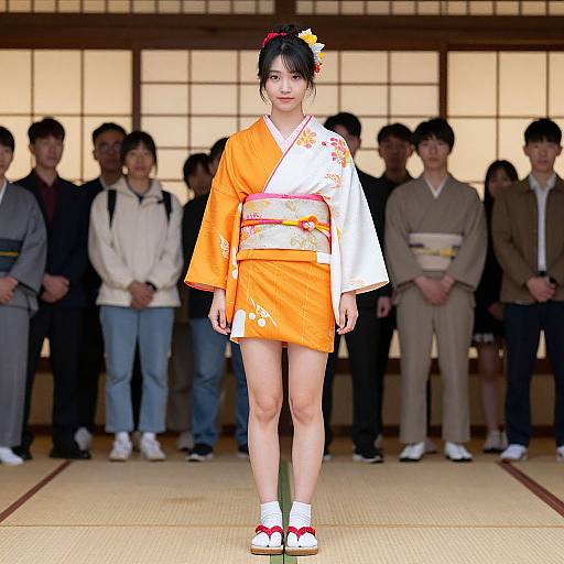 Photograph of an Asian woman in an orange and white traditional Japanese kimono, standing on a tatami mat, with a seated audience in the background
