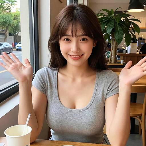 Smiling Curvy Woman Sipping by Window