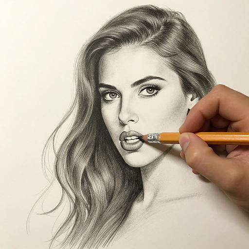 Black-and-white pencil sketch of a beautiful woman with long wavy hair, being detailed by a hand holding a pencil.