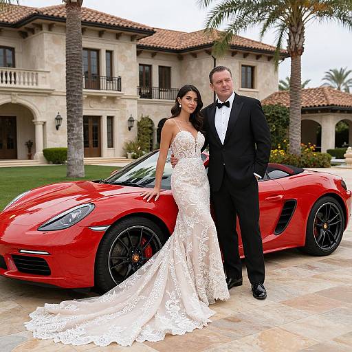 Photograph of a couple in wedding attire, she in white lace gown, he in black tuxedo, standing beside a red sports car in front