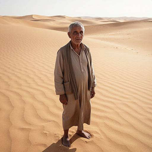 Photograph of an elderly Indian man with gray hair and beard, wearing a loose, beige traditional outfit, standing in a sunlit, rippled desert
