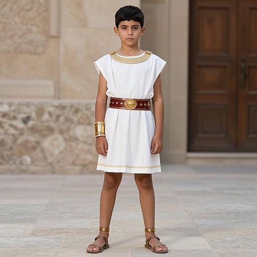 Photorealistic CGI of a young boy with short black hair, wearing a white Greek-style dress with gold accessories, brown belt, and sandals, standing