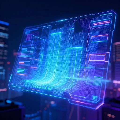 Digital CGI of a glowing, neon-blue holographic interface floating above a dark, futuristic cityscape with blurred skyscrapers at night.