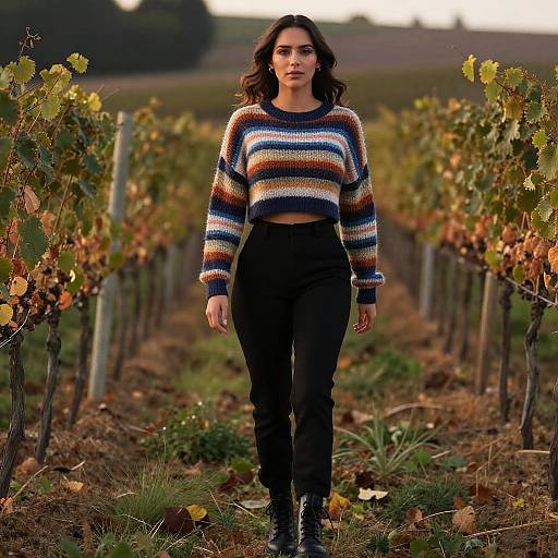 Photograph of a young woman with wavy dark hair, wearing a colorful striped sweater and black pants, standing in a vineyard. Autumn foliage lines