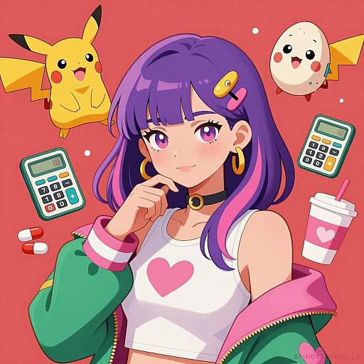 Anime Girl with Pokémon and Floating Objects