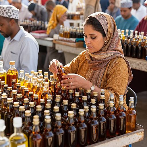 Photograph of a Middle Eastern woman in a brown headscarf and gold-brown dress, carefully filling amber glass bottles with golden liquid at a bustling