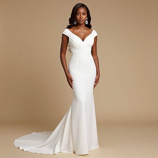 Photograph of a beautiful Black woman in a sleek, white, V-neck, off-shoulder bridal gown with a long train, standing against a